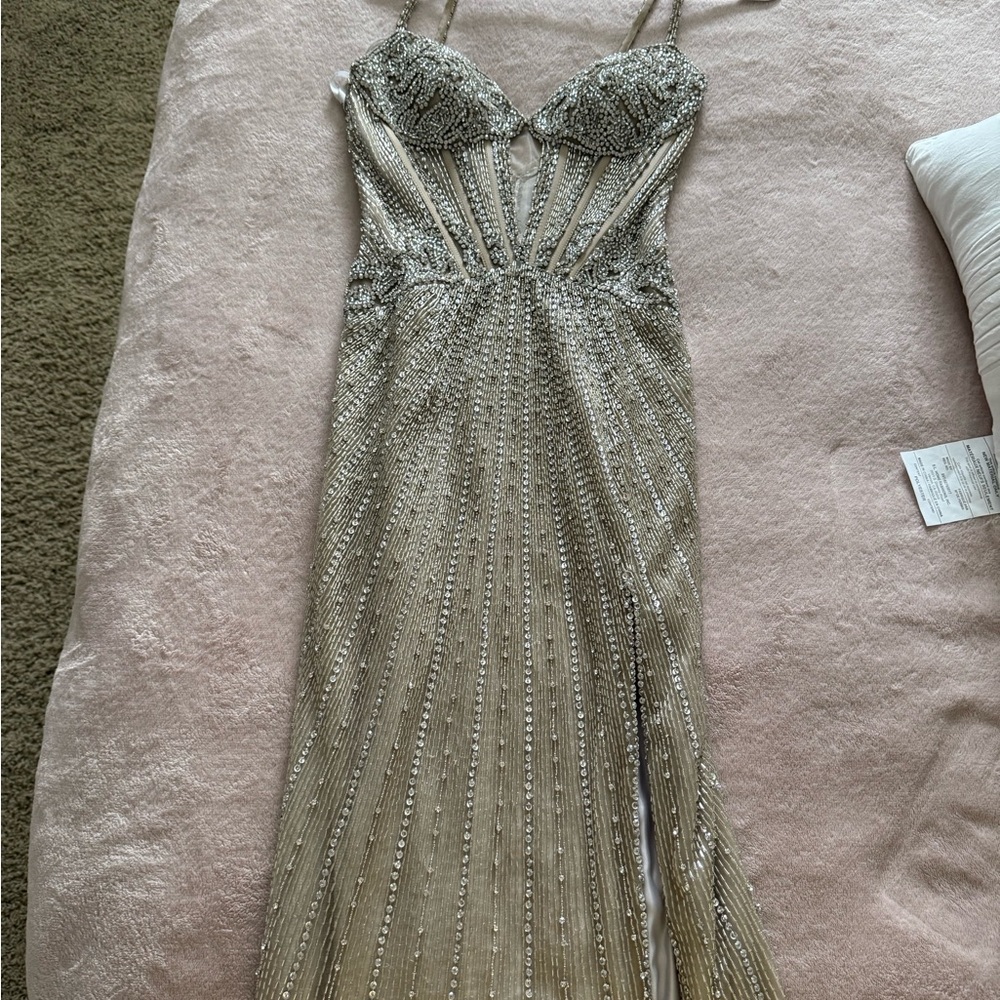 Sherri Hill Silver Beaded Prom Dress